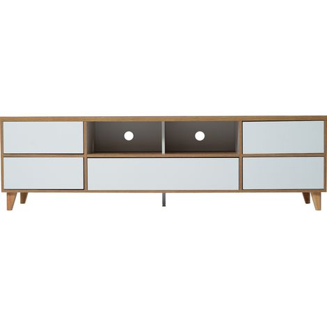 Mobile TV Lowboard 175 x 37 x 51 cm in MDF bianco e legno con vani e ante (1/5)