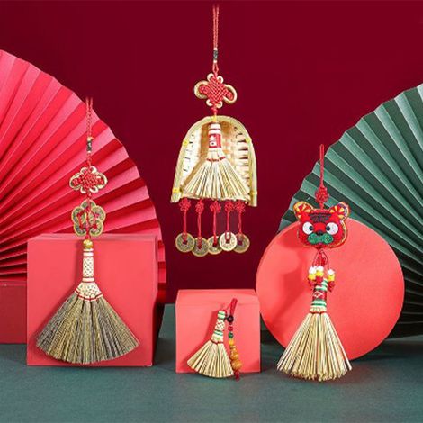 Balai et pelle décoratifs, pendentif ornement de l'année chinoise, nouveau pompon, décoration suspendue, mini balai porte-bonheur B2 (1/5)