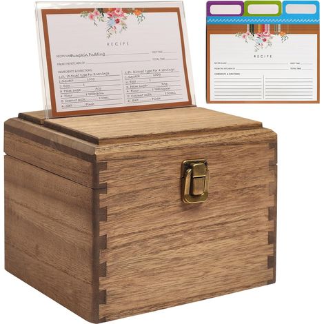 Boîte à recettes en bois, 100 fiches recettes à remplir, brun (1/5)