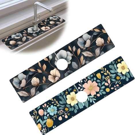 2 Pieces Absorbent Tap Mat, Kitchen Sink Splash Protector, Anti-Splash Tap Mat for Kitchen and Bathroom, 38 x 10 cm Flower Pattern A4 (1/5)