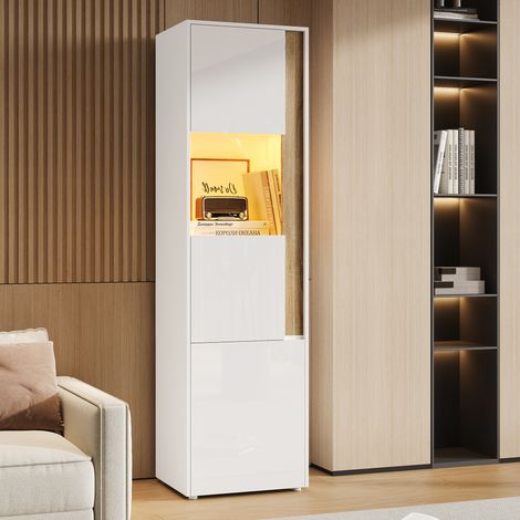 Armoire Haute Vitrine 50x40x179 cm avec Éclairage LED Réglable 2 Portes Meuble de Rangement pour Salon Cuisine - Blanc et Naturel (1/5)