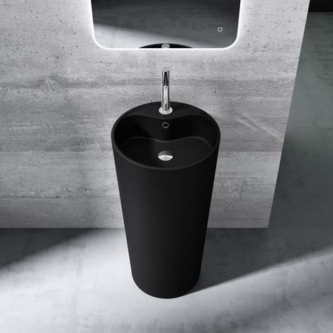 Mai & Mai Lave Mains Colonne Évier Vasque sur Pied 45x45x90cm en Résine De Synthèse Noir Mat Rond Avec Perçage Pour Robinet Lavabo Avec Trop-Plein À Poser Au Sol Col35 (1/5)