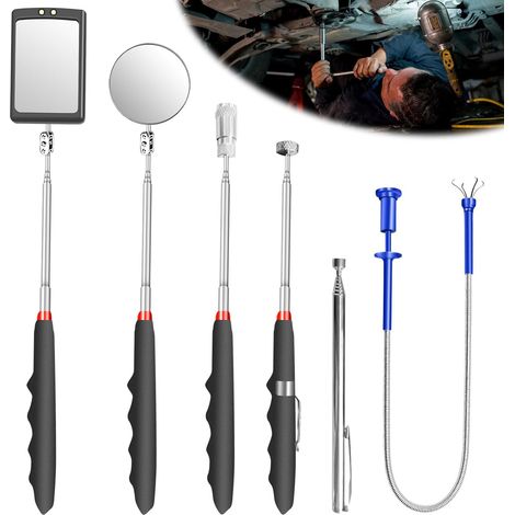 Lot de 6 miroirs d'inspection escamotables - Miroir télescopique - Outil magnétique télescopique avec lampe LED - Miroir d'inspection carré rond - Poignée télescopique rotative à 360° (1/5)