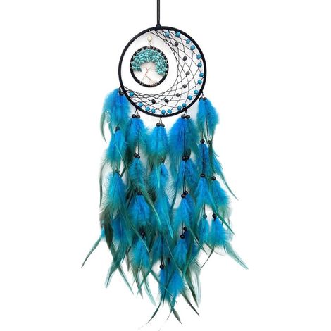 Attrape-rêves bleu à plumes - Arbre de Vie - Décoration murale - Chambre et salon - Cadeau d'anniversaire idéal - Noir (1/5)