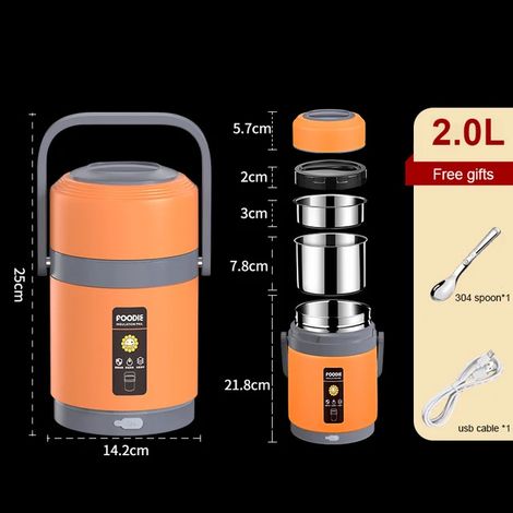 Boîte à lunch isotherme portable chauffante électrique USB (orange, 2 L), en acier inoxydable 304 avec couvercle hermétique. (1/4)
