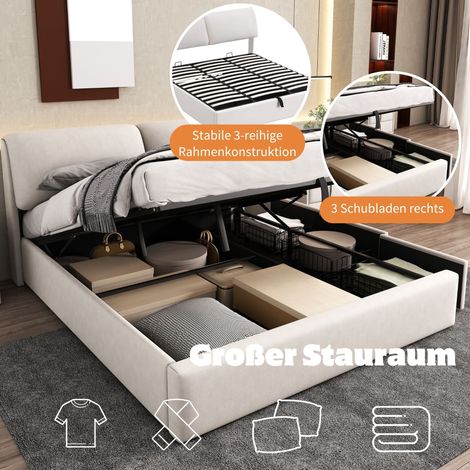 Lit coffre hydraulique 180x200, sommier à lattes avec tête de lit, trois tiroirs de rangement, velours beige, sans matelas (1/5)