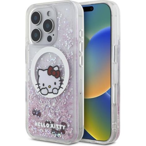 Coque rigide Hello Kitty HKHMP16LLSWKH pour iPhone 16 Pro 6,3 pouces, blanche, à paillettes liquides et nœuds Sweet Kitty, compatible MagSafe.