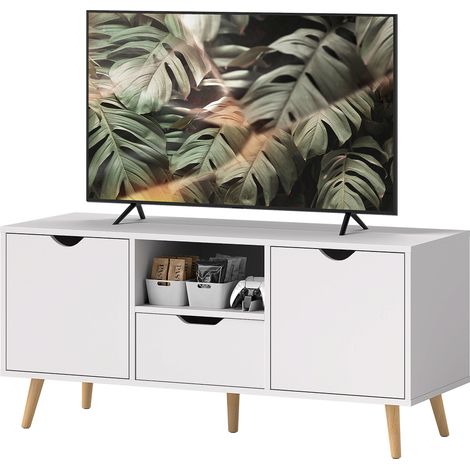 Mobiler TV-Schrank für Fernseher bis 50 Zoll mit Schublade, offenem Regal und Schränken, 110 x 40 x 50 cm, weiß und Holz
