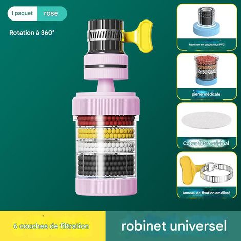 Filtre universel pour robinet - Filtration 7 couches - Anti-éclaboussures - 2 rose + 1 boîte de coton filtrant (1/5)