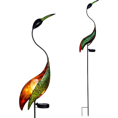 LED Solar Gartenstecker Fischreiher mit Crackle Glas Kugel - 120 x 26 cm - Beetstecker Kranich Dekoleuchte warm weiß mit Dämmerungssensor