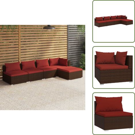 5-tlg. Garten-Lounge-Set mit Kissen Poly Rattan Braun - Gartensortiment - Lounge Möbel - Outdoor Furniture - Gartenloungesessel - Esszimmergarnitur (1/5)