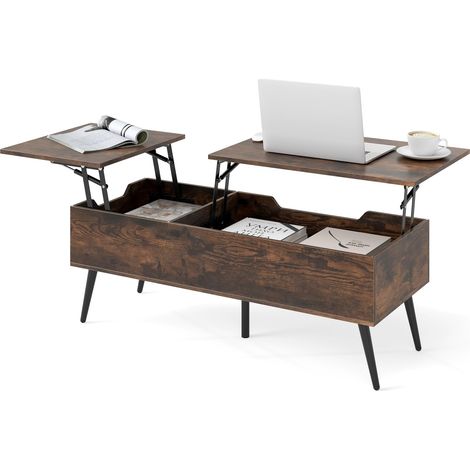COSTWAY Tavolino da Caffè con Piano Sollevabile, Tavolino Moderno con 2 Scomparti Nascosti e Gambe in Metallo, Tavolo per Soggiorno, Studio e Ufficio, 111 x 48 x 40-53,5 cm (Marrone) (1/5)