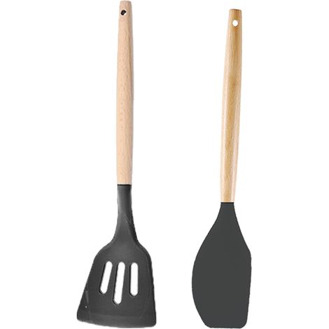 Ustensile De Cuisine En Silicone - Tete Silicone Flexible - Manche Bois Naturel - Resistant Jusqu A 230 C - Pour Poêles Et Casseroles Antiadhésives - Lot De 2 (1/5)