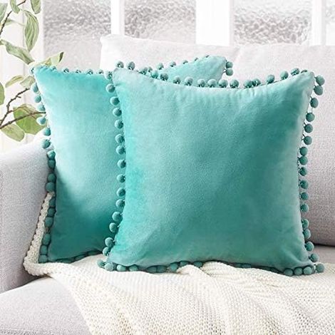 2 Pcs Housse de Coussin en Velours Taie d'oreiller Decorative Taie d'oreiller Boule de Fourrure de Couleur Pure Super Doux Maison Salon Chambre pour Canapé Taie d'oreiller(Bleu Tiffany) (1/5)