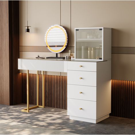 Schminktisch 120 x 40 x 120 cm mit LED-Spiegel, 5 Schubladen, weiß, HAVRYA