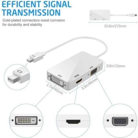 Mini DisplayPort Adaptateur 3 en 1 Adaptateur DP vers HDMI/DVI/VGA (1/4)