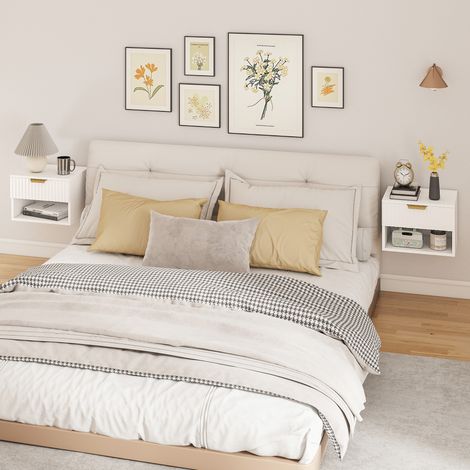 Set di 2 comodini sospesi, comodini a parete con cassetto e nicchia, moderni, 40x34x29 cm, bianchi