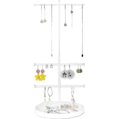 Porte à bijoux réglable en blanc pour colliers, bracelets, Boucles d'oreilles, Hauteur réglable de 24 à 42 cm, Capacité de 68 trous pour 34 paires de boucles d'oreilles (1/5)