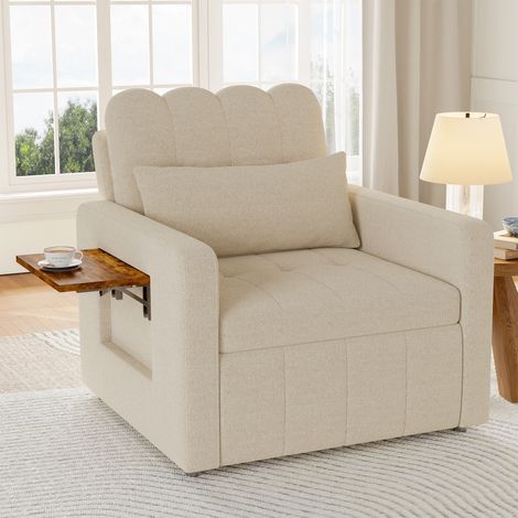 Fauteuil club, relax individuel, dossier réglable en cinq positions, petite table, sac de rangement, tissu chenille, canapé multifonctionnel - Beige