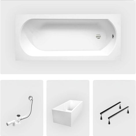 Rechteckige Badewanne - 170 x 75 cm - mit Polystyrol-Verkleidung - Füße - Chromablauf - INTRICA