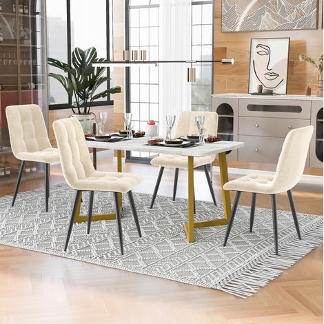 117cm Esstisch mit 4 Stühlen Set, Rechteckiger Esstisch Moderner Küchentisch Set ,Esszimmerstuhl Beige Samt Küchenstuhl,Golden Tischbeine (1/5)