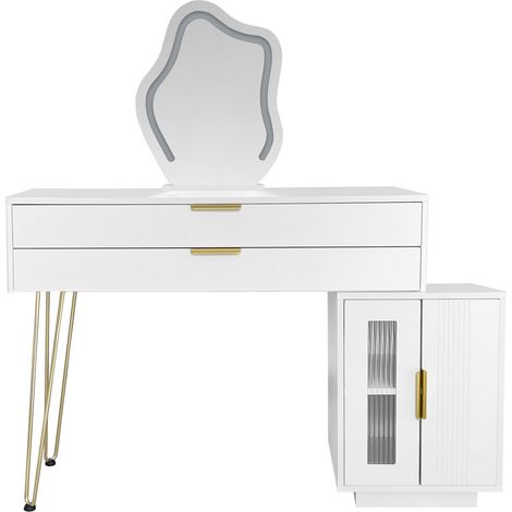 Weißer Schminktisch mit LED-Spiegel, 2 Schubladen und Seitenschrank, 100 x 40 x 78 cm (1/5)