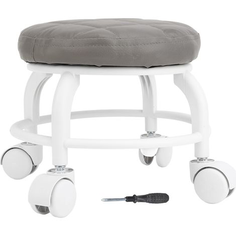 Decdeal Siège à roulettes bas tabouret en cuir PU roue muette chaise ronde pivotante en hauteur pour bureau à domicile Garage magasin gris
