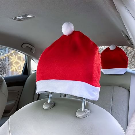 4-teiliges Weihnachtsautositzset – Weihnachtsmannmützen – Kopfstützenbezüge – Dekorationen und Requisiten für Weihnachtsszenen (1/4)