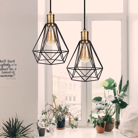 2X Pendant Lighting Fitting, Vintage Industrial Metal Hanging Ceiling Lamp, Retro Classic Simple Chandelier with Diamond Cage Lampshade