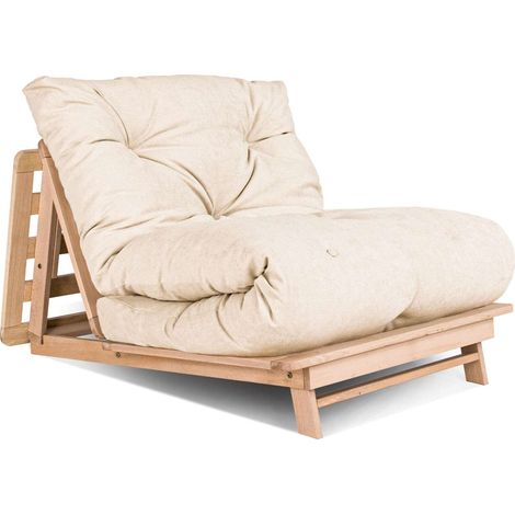 Canapé Lit Convertible en Bois avec Matelas Beige Confort - 90 x 200 cm - Bois clair et Beige (1/5)