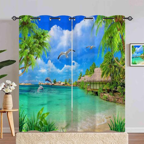 Rideau Occultant Tropical Océan Plage Palmier Rideau Thermique Isolant Draperies Intérieurs Tenture Opaque à Oeillets pour Maison Chambre Salon Fenetre 2 Pièces L 132 x H 180 cm - 132L X 180H cm (2 Pa (1/5)