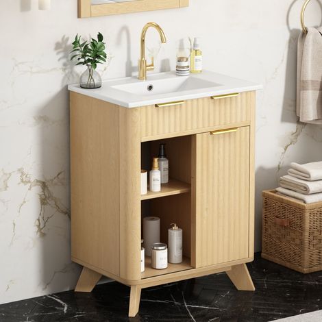 Mueble de baño independiente de 61 cm con un decorativo diseño ondulado, acabado en madera natural cálida, 3 cajones deslizantes y una puerta corredera con estante (grifo no incluido). (1/5)