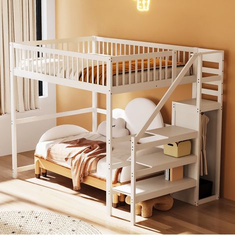 Cama alta 140x200 cm blanca de madera con escalera, armario y estantería (1/5)