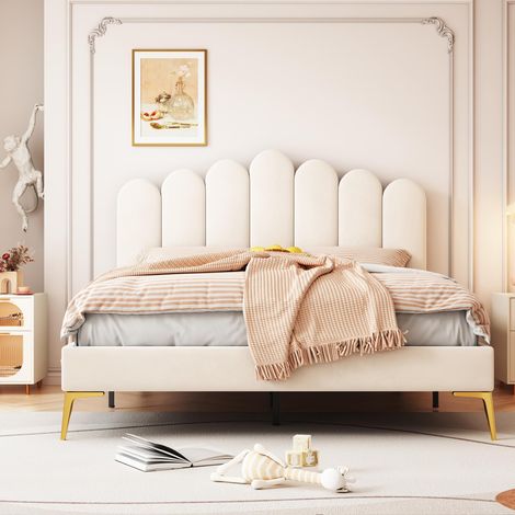Lit double capitonné 140x200cm, cadre de lit avec tête de lit et sommier à lattes, lit adulte/jeune/invité en velours beige doux pour la peau, garantie 2 ans