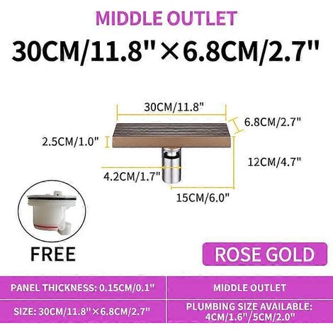 Caniveau de douche linéaire encastré en acier inoxydable et céramique or rose, caniveau rectangulaire anti-odeurs pour salle de bain, 30 cm-M (1/5)