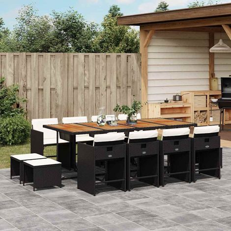 Ensemble repas de jardin 13 pièces en résine tressée, noir et marron, coussins blanc crème, 110.9kg - PANGIVO (1/5)