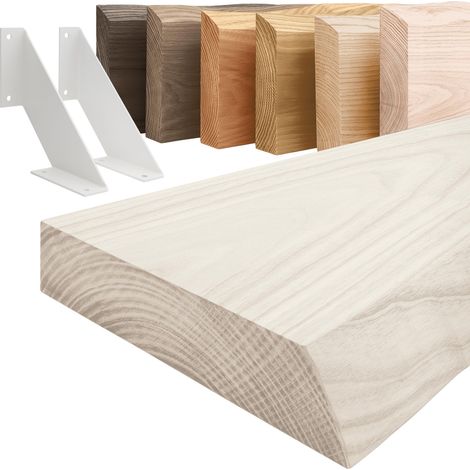 LAMO Manufaktur Étagère murale avec supports en V blancs  Étagère 90 cm largeur pour salon, cuisine, bureau style industriel  Couleur: blanc, Bord: naturel  Qualité artisanale, bois massif (1/5)