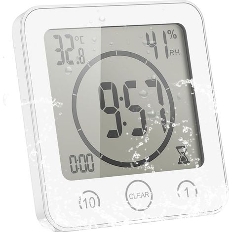 Badezimmeruhr, digitaler LCD-Wecker mit wasserdichter Touch-Funktion für Dusche, Temperatur- und Feuchtigkeitsanzeige, Countdown-Timer, 3 Montagemöglichkeiten, batteriebetrieben (Weiß)