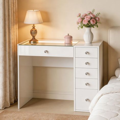 FENCHILIN Dressing table with LED lighting, dimmable, 6 drawers, 92 x 81 x 55 cm, white