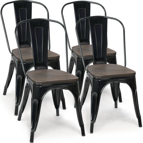 18 Inch Height Set of 4 Stackable Style Metal Wood Dining Chair-Black (1/5)