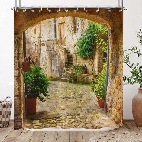 Rideau de Douche 3D 180x200, Jardin Plantes Paysage Avenue Image Rideaux de Douche Italie extérieur Rideau Baignoire imperméable Tissu Polyester Lavable Rideau de Bain avec Crochets - Crezuo (1/4)