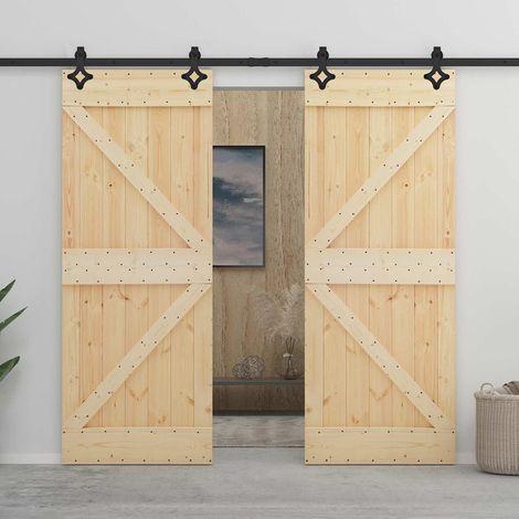 vidaXL  Sliding Door  2 pcs Natural and Black Solid Pine Wood