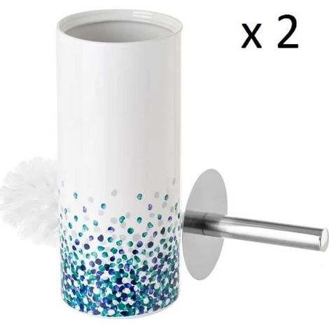 Lot de 2 brosse de toilette WC avec support, porte brosse WC en céramique coloris blanc-bleu - Diamètre 10 x Hauteur 32 cm (1/4)
