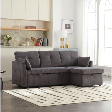 Canapé-lit d'angle modulable 206 x 108 x 66 cm en velours côtelé gris foncé, méridienne réversible, coffre de rangement et compartiments latéraux, 300 kg - CHICFURN (1/5)