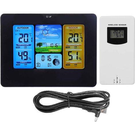 Station Météo sans Fil Horloge Thermo-hygromètre Numérique Thermomètre Moniteur LCD Horloge Décoration de La Maison (Black) (1/5)