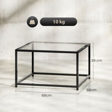 Table d'appoint carrée avec plateau en verre trempé, table basse avec pieds en acier, 68 x 68 x 39 cm, noire (1/5)