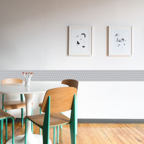 Frise adhésive 10x300cm, Décoration murale, Pointillets blancs sur fond gris, Décorez votre mur avec style et élégance (1/5)