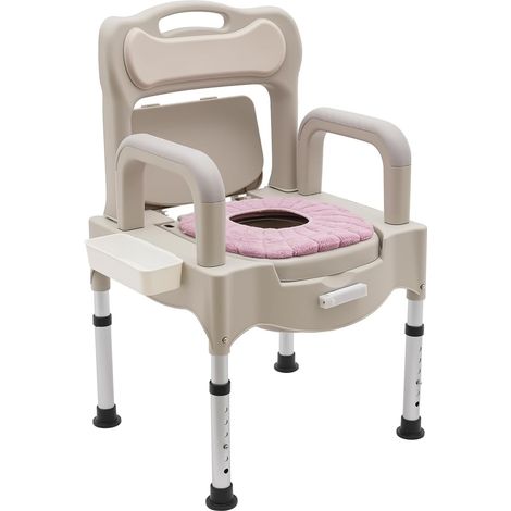 Tragbarer Toilettenstuhl (bis 227 kg Tragkraft) für Senioren und Menschen mit Behinderung, Duschstuhl mit Armlehnen, höhenverstellbar, inklusive 2 Ersatz-Toilettensitzen und Nachtlicht