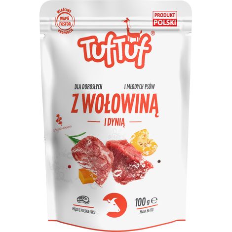 Cibo umido per cani TufTuf Manzo con Zucca, bustina da 100 g, carne in scatola.