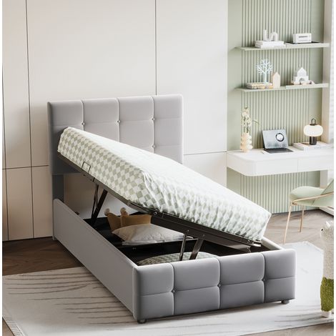 Letto imbottito per bambini 90x200 cm grigio in velluto con vano contenitore (1/5)